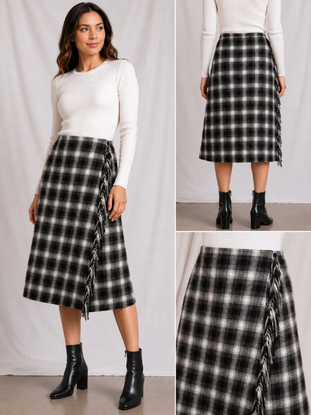 Title: Time and Tru Plaid Fringe Hem Skirt XXL Black White Kilt Style